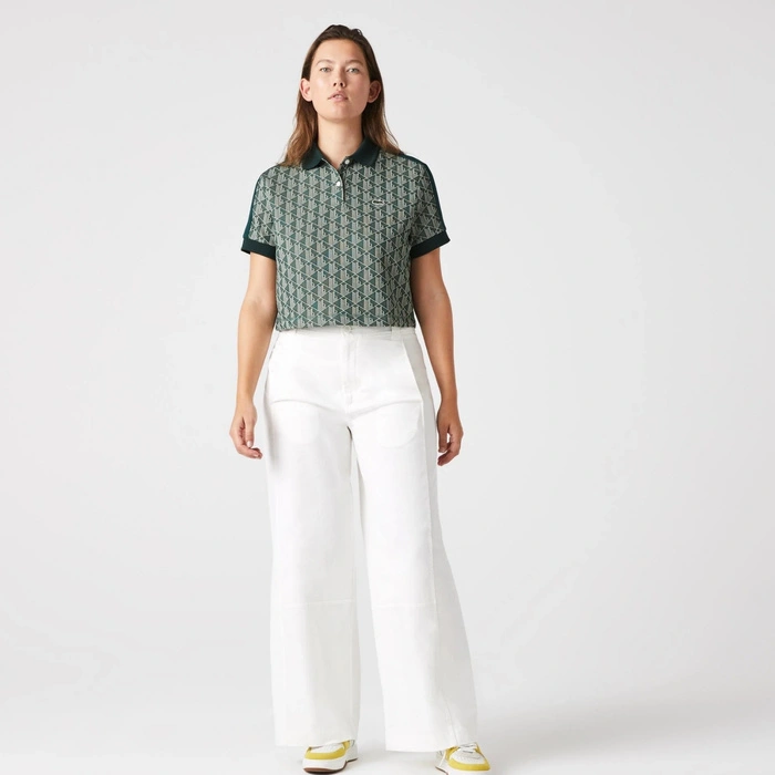 Koszulka damska Lacoste Contrast Collar Monogram crop top zielona r. XS