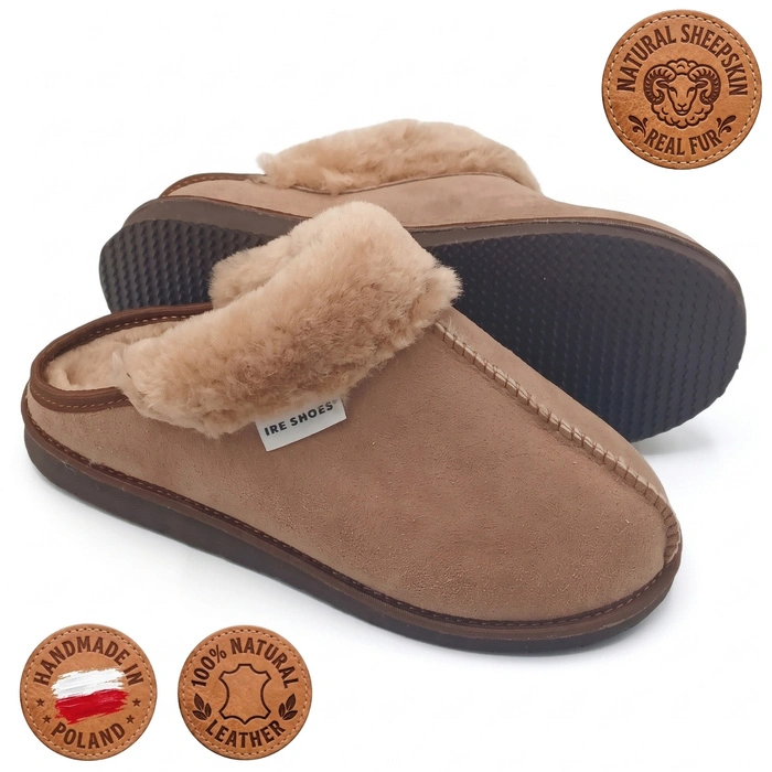 Kapcie damskie IRE SHOES ze skóry owczej naturalny kożuch futro ciepłe ręcznie szyte r. 37